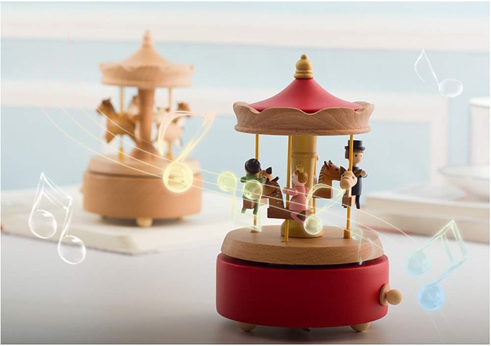 LilYXIN Carousel Music Box Red Wooden Horse Shape Musical Figurine