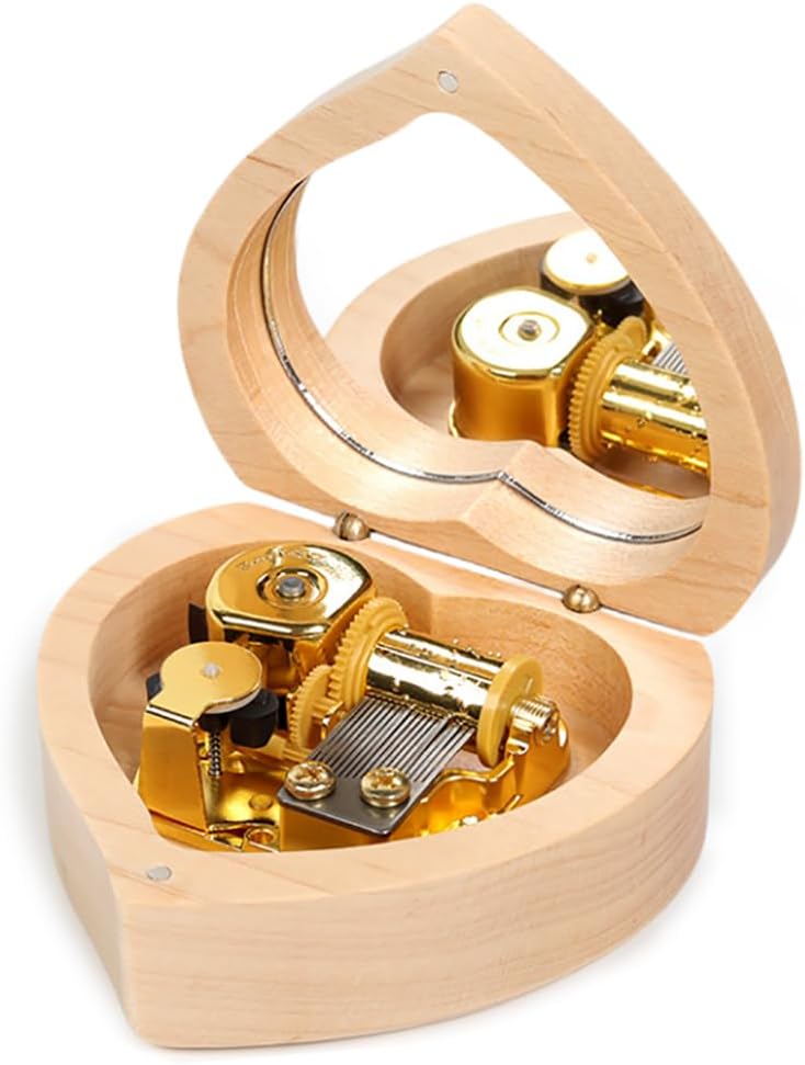 Heart Shape Wooden Music Box with Mirror Mechanism