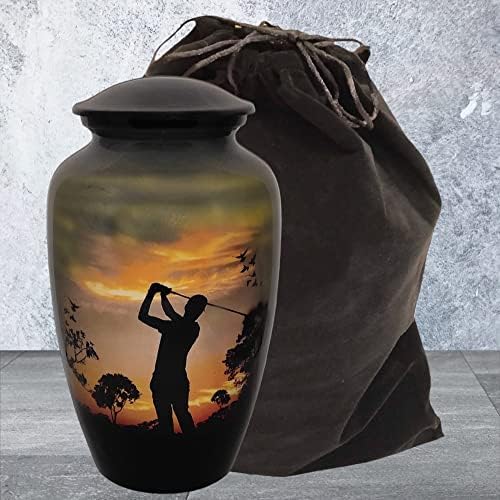 Cremation Urn with Golf Design Velvet Bag