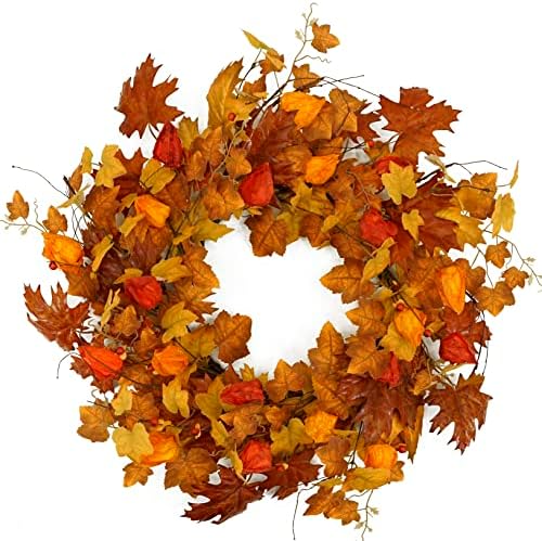22 Inch Artificial Fall Wreath with Cape Gooseberry and Maple Leaves