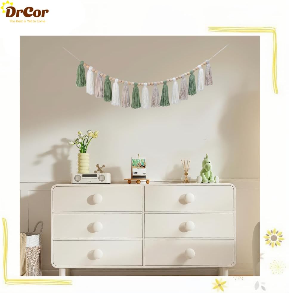 DrCor Sage Green Tassel Garland - Boho Farmhouse Wall Decor