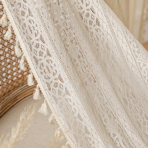 Boho Lace Curtains 96 Inch Long 2 Panel Set Beige