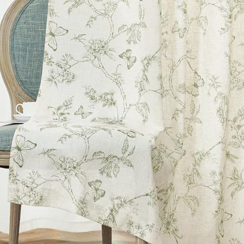 Lazzzy Linen Curtains Green Floral 2 Panels 63 Inch Grommet Top