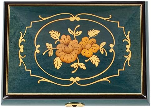 Flower Dark Blue Italian Inlaid Wood Music Box Swan Lake