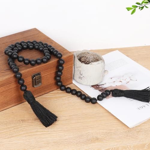 Wood Beads Garland with Tassels Black Farmhouse Decor