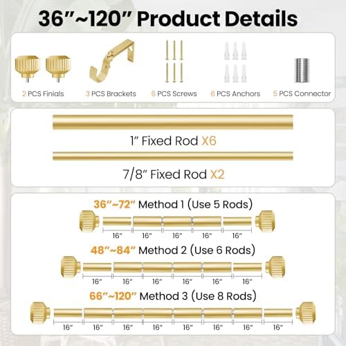 Warm Gold Curtain Rods 66-120 Inch Heavy Duty Adjustable