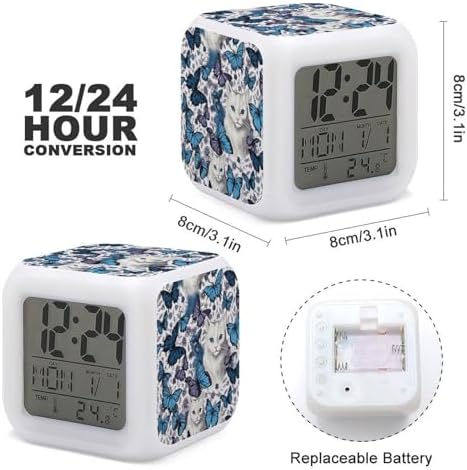 Small Digital Blue Butterfly and White Cat Alarm Clock for Bedroom