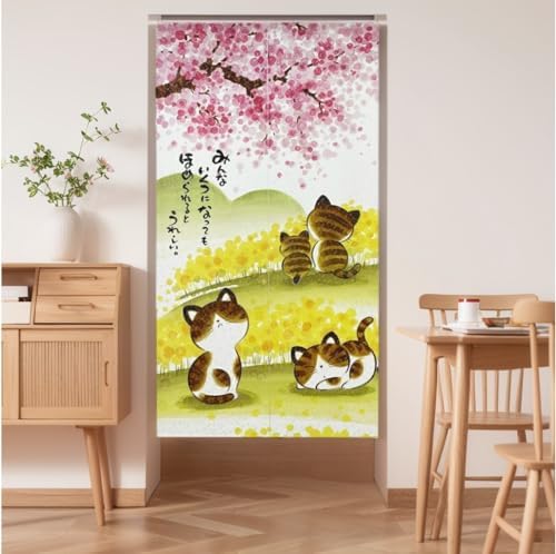 Noren Door Curtain with Sakura and Cat Design 335x59