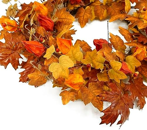 22 Inch Artificial Fall Wreath with Cape Gooseberry and Maple Leaves