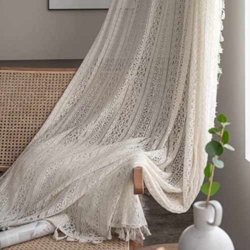 Boho Lace Curtains 96 Inch Long 2 Panel Set Beige