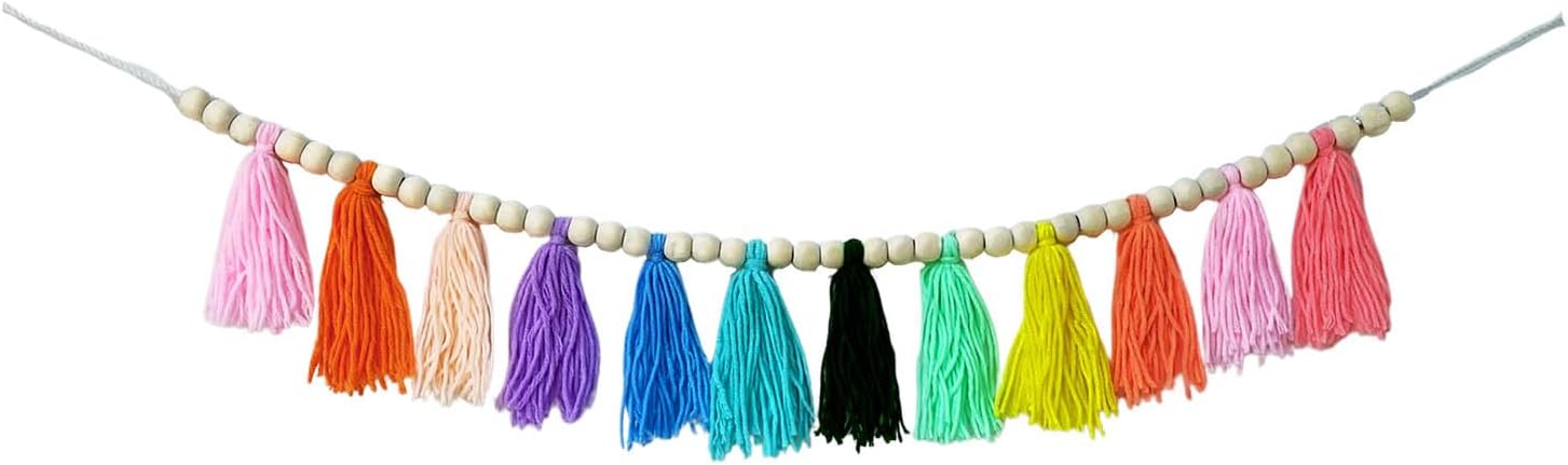 Boho Hanmade Wood Beads Garland with Tassels and Hooks