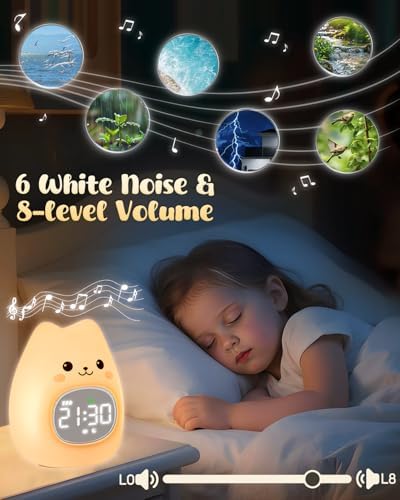 Cat Alarm Clock for Kids with Night Light and White Noise