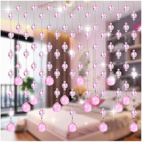 ZHOUXIAO Crystals Beaded Door Curtain with Rod Pink 90x150cm
