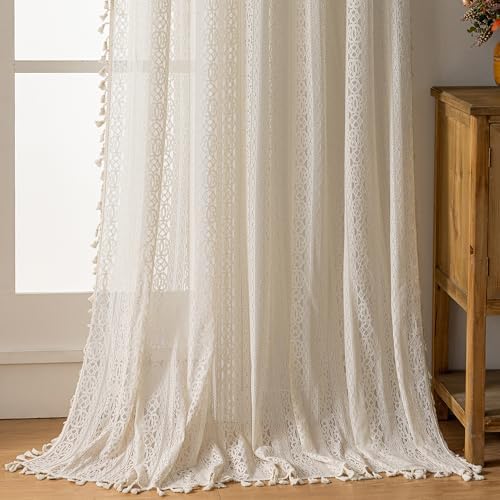 Boho Lace Curtains 96 Inch Long 2 Panel Set Beige
