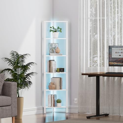 TUTOTAK 6-Tier Corner Bookshelf with LED Light