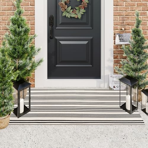 LEEVAN Black and White Striped Outdoor Rug 2 x 43