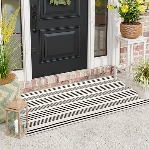 LEEVAN Black and White Striped Outdoor Rug 2 x 43