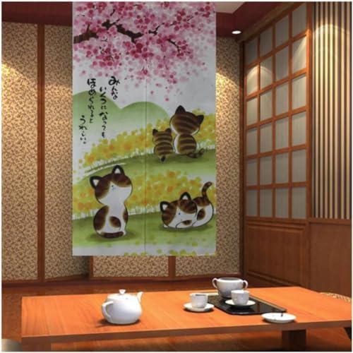 Noren Door Curtain with Sakura and Cat Design 335x59