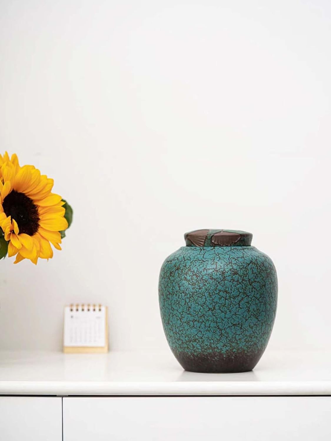 Medium Cremation Urn with Turquoise Glazed Ceramic and Ginkgo Leaf Design