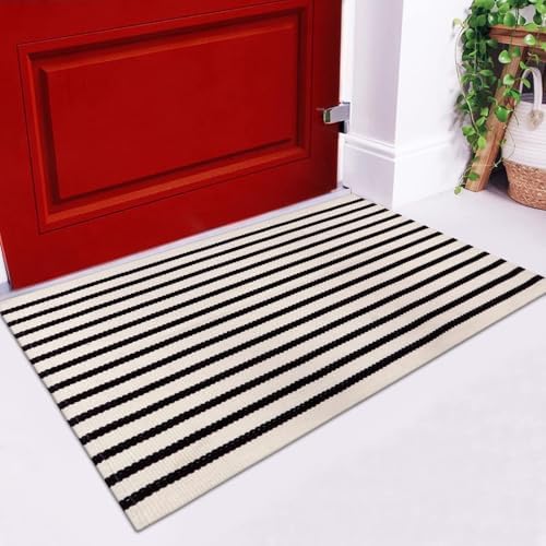 LEEVAN Black and White Striped Doormat Rug 24x35 Inch