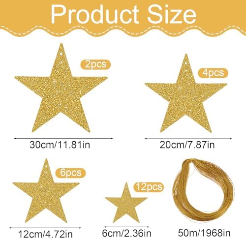 24PCS Shiny Hanging Gold Star Cutouts with String