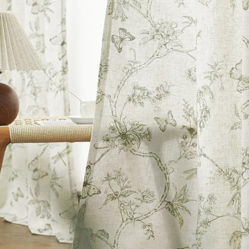Lazzzy Linen Curtains Green Floral 2 Panels 63 Inch Grommet Top