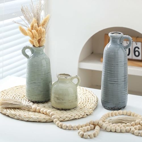 Ceramic Vase Set of 3 Neutral Home Decor with Handle