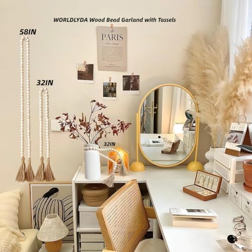 WORLDLYDA Natural Wood Bead Garland with Tassels