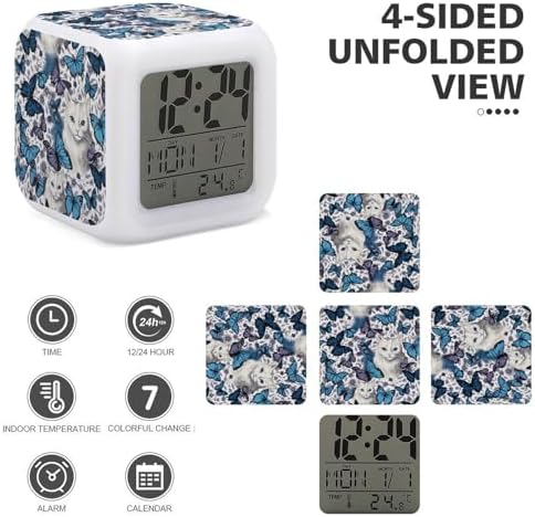 Small Digital Blue Butterfly and White Cat Alarm Clock for Bedroom