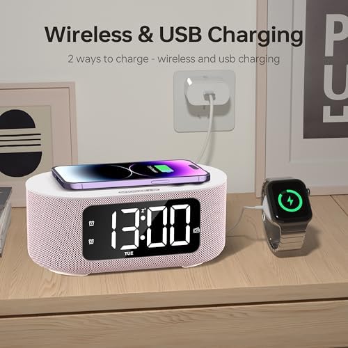 JALL Pink Fabric Alarm Clock with LED Display and Bluetooth Speaker