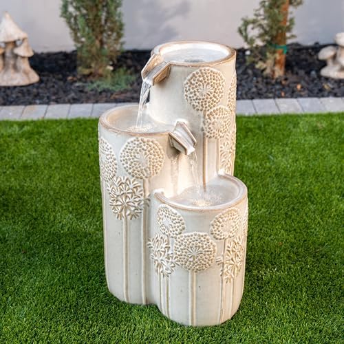 Modern 25 in H Freestanding Garden Fountain with LED Lighting and Flower Details