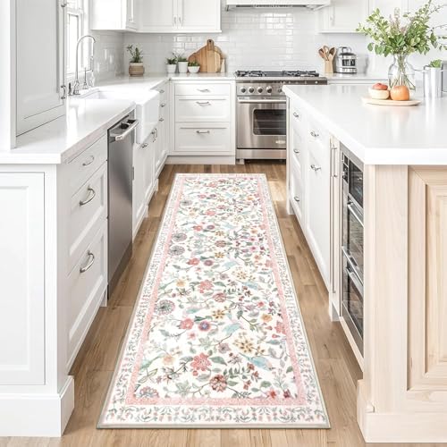Floral Washable Runner Rug 2x6 Pink for Hallways and Entryways