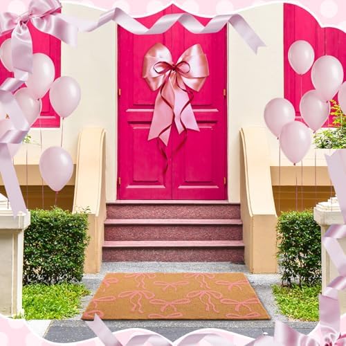 Ceenna Pink Bow Coir Doormat Outdoor Entryway Decor