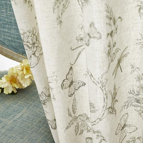 Lazzzy Linen Curtains Green Floral 2 Panels 63 Inch Grommet Top
