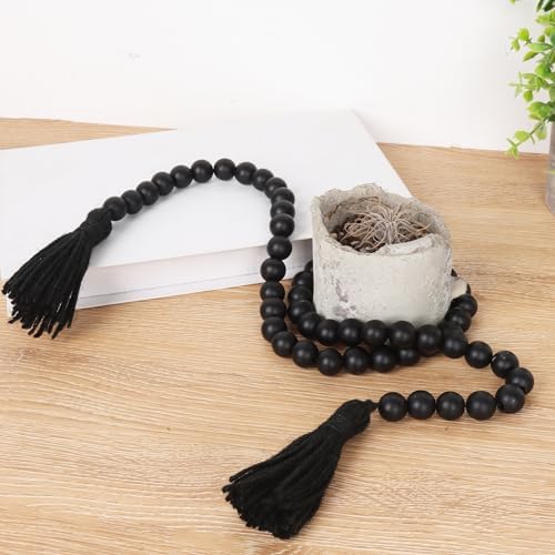 Wood Beads Garland with Tassels Black Farmhouse Decor