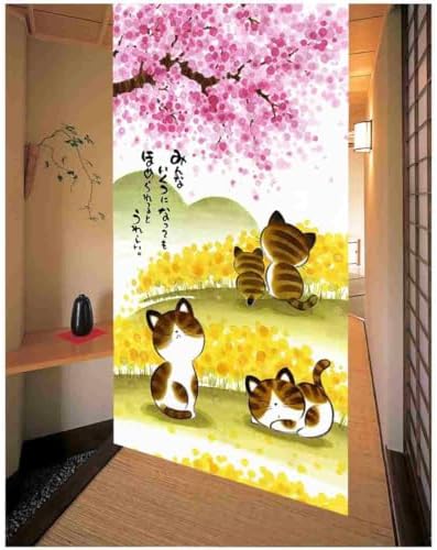 Noren Door Curtain with Sakura and Cat Design 335x59
