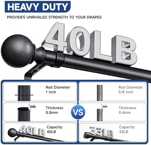 BRIOFOX Black Curtain Rods 66-120 Inch 1 Inch Diameter Heavy Duty
