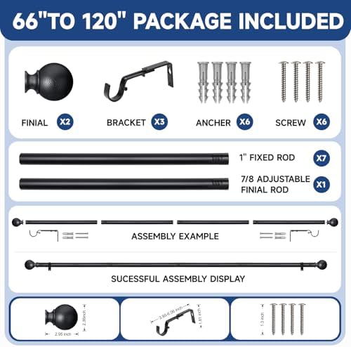 BRIOFOX Black Curtain Rods 66-120 Inch 1 Inch Diameter Heavy Duty