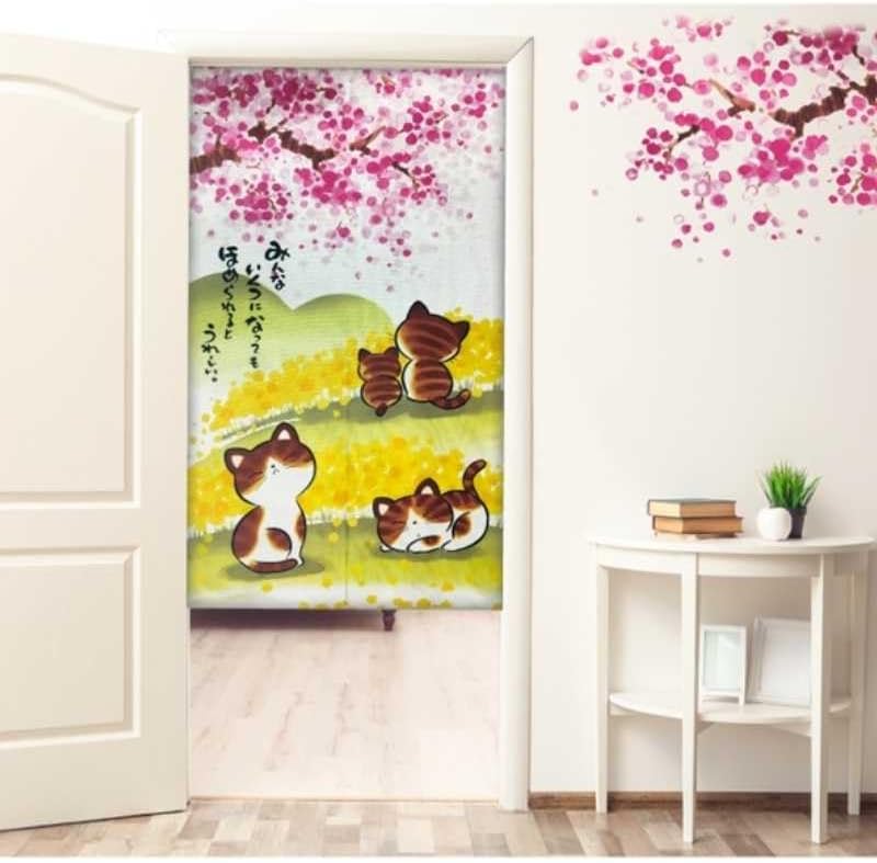 Noren Door Curtain with Sakura and Cat Design 335x59