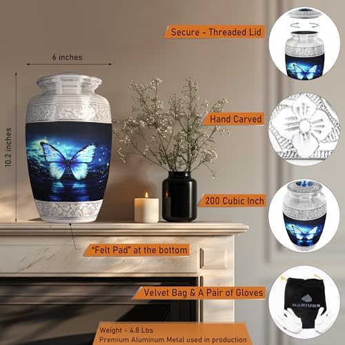 Naniurn Large Decorative Urn with Black and Blue Butterfly
