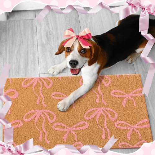 Ceenna Pink Bow Coir Doormat Outdoor Entryway Decor