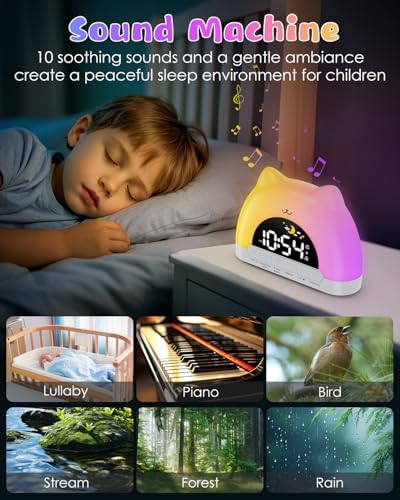 Kids Alarm Clock with Cat Design and Night Light