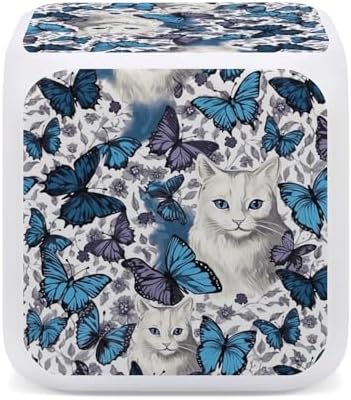 Small Digital Blue Butterfly and White Cat Alarm Clock for Bedroom