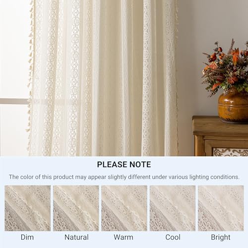 Boho Lace Curtains 96 Inch Long 2 Panel Set Beige