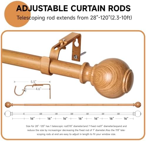 ZNONOX Heavy Duty Wood Curtain Rods 28-120 Inches