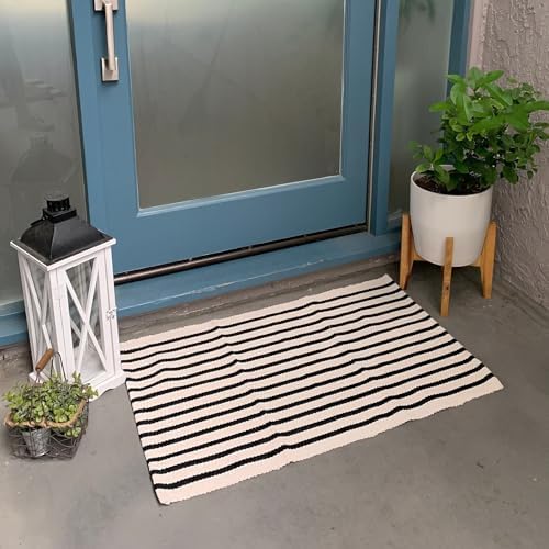 LEEVAN Black and White Striped Doormat Rug 24x35 Inch
