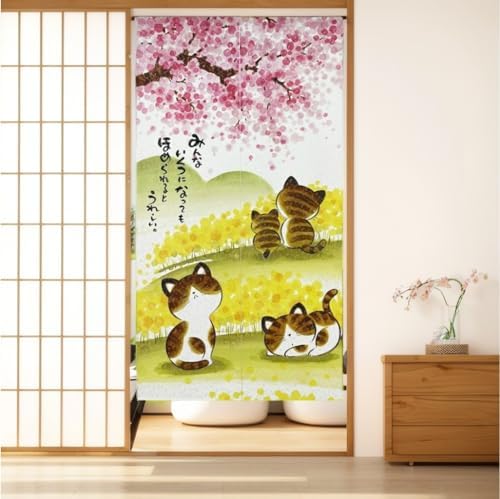 Noren Door Curtain with Sakura and Cat Design 335x59