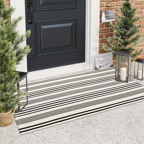 LEEVAN Black and White Striped Outdoor Rug 2 x 43