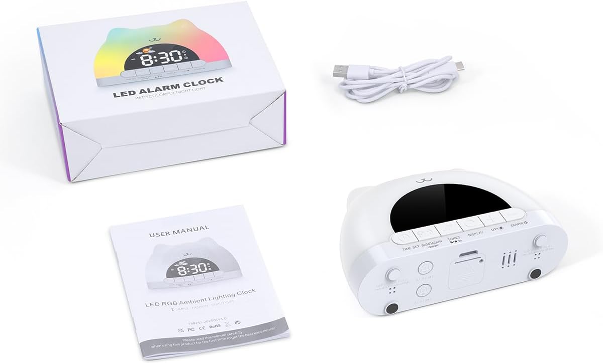 Kids Alarm Clock with Cat Design and Night Light