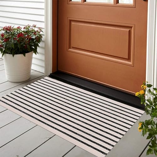 LEEVAN Black and White Striped Doormat Rug 24x35 Inch